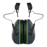 The PIP Sonis1 Full Brim Mounted Passive Ear Muff 262-AEB010-FB from PIP - Protective Industrial Products exhibits a front-view green and black design. It features metal wires that connect the ear cups to the headband, offering noise reduction with an NRR of 22 for enhanced protection.