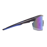 Featuring a sharp, angular aesthetic, the Pyramex PMXSPEC Blue Mirror Safety Glasses from Pyramex Safety showcase a sleek and modern design with a matte black frame. The glasses come with reflective, multi-colored lenses that offer UV protection and are presented in a side profile view against a plain white background.