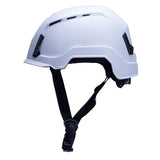 The Pyramex SL T2 Vented Safety Helmet HPT26111_V by Pyramex Safety features a lightweight ABS shell with a black adjustable strap and EPS foam for extra cushioning. It is designed with ventilation slits on top, making it ideal for head protection in industrial or construction environments.