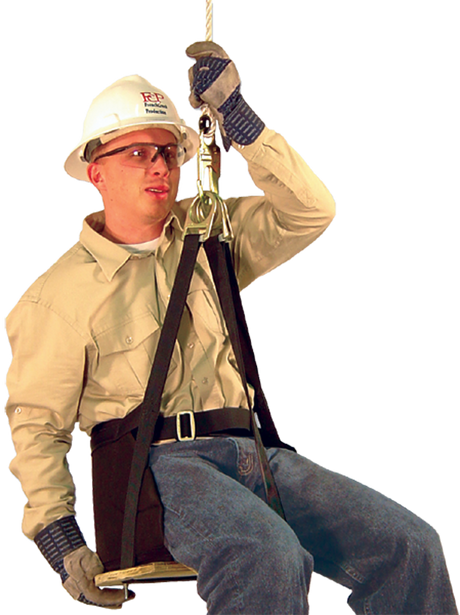 A construction worker, equipped with French Creek Production's fall protection gear, is suspended from a rope while sitting on the French Creek Deluxe Work Seat 4153. Wearing a hard hat, safety glasses, gloves, a beige shirt, and blue jeans, he confidently displays this Made in the USA equipment.