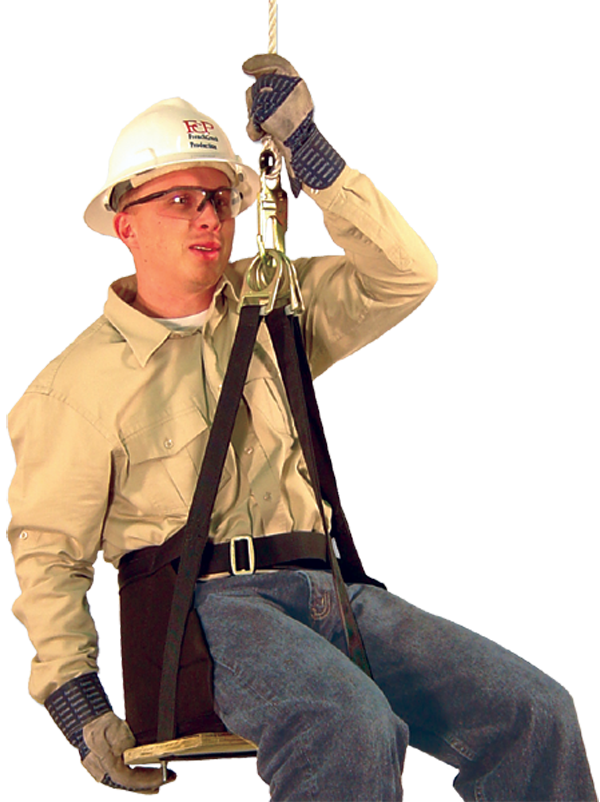 A construction worker, equipped with French Creek Production's fall protection gear, is suspended from a rope while sitting on the French Creek Deluxe Work Seat 4153. Wearing a hard hat, safety glasses, gloves, a beige shirt, and blue jeans, he confidently displays this Made in the USA equipment.