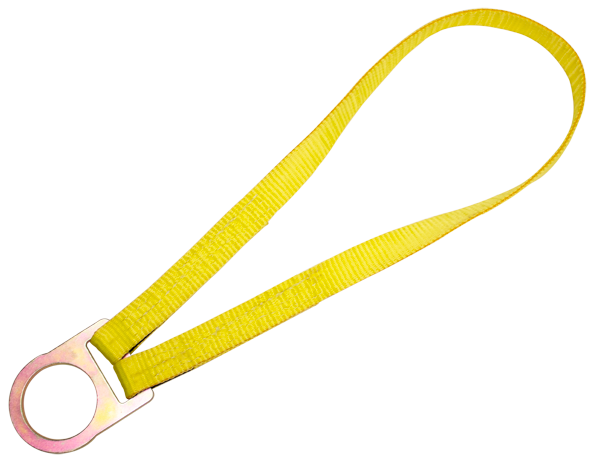 Laid out against a plain background is the French Creek Web Scaffold/Pipe Choker Tie-Off Adaptor 1122HD, a product by French Creek Production, featuring a bright yellow nylon strap with a metal ring at one end.