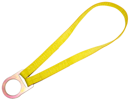 Laid out against a plain background is the French Creek Web Scaffold/Pipe Choker Tie-Off Adaptor 1122HD, a product by French Creek Production, featuring a bright yellow nylon strap with a metal ring at one end.