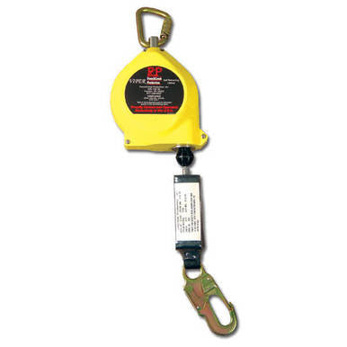 The French Creek 25ft Galvanized SRL RL25AGZ, produced by French Creek Production, is a self-retracting lifeline designed in yellow with a carabiner at the top and a metal hook at the bottom. It features galvanized steel cable and a dual inertia braking system for enhanced safety equipment use. Additionally, it includes an identification label for easy reference.