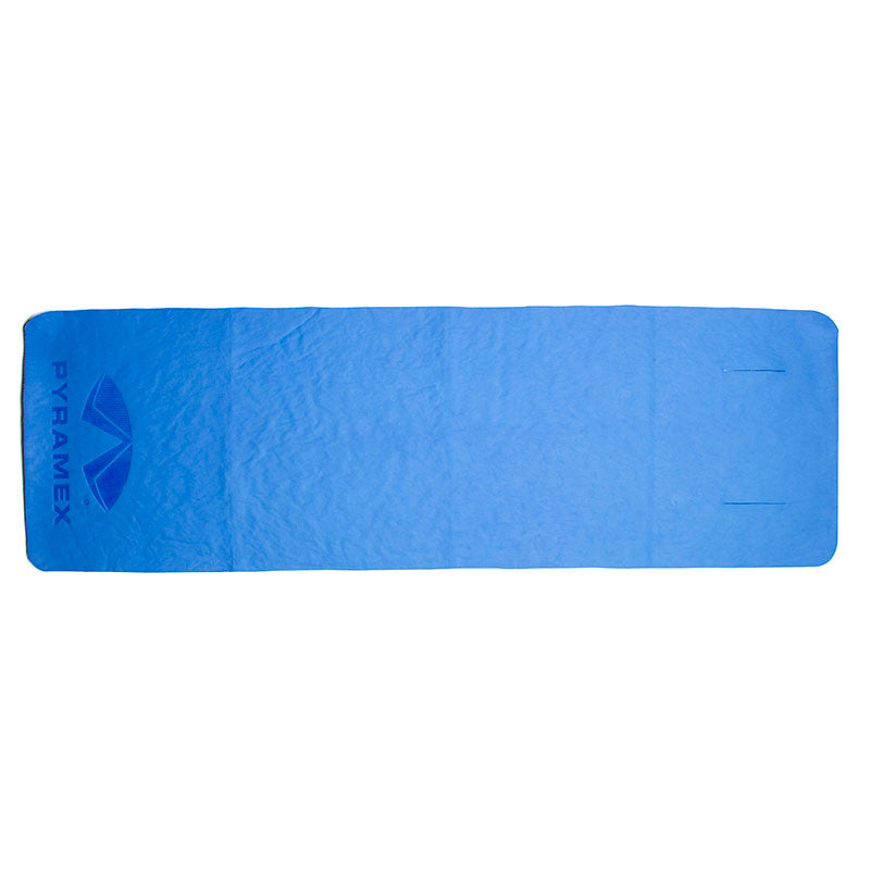 The Pyramex Safety C2 Series Cooling Towel/Wrap C260 is a blue rectangular towel featuring high-quality PVA material and showcases the Pyramex logo. It utilizes evaporative cooling wrap technology and boasts anti-microbial properties for enhanced comfort and freshness.