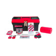 The AccuformNMC Accuform STOPOUT Standard Lockout Kit KSK234, a red and black toolbox, contains vital lockout/tagout tools for safe equipment shutdown. It includes warning tags, padlocks, keys, a cable lock, and a crucial lockout device.