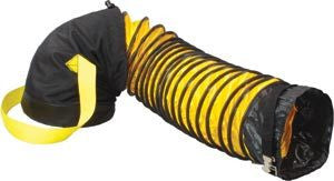 The Euramco ECKO-FLEX 8 in. x 15 ft. Flexible Ducting is a yellow and black portable ventilation duct with a coiled design. It includes a handle and is partially extended, demonstrating its flexible, flame-retardant structure.