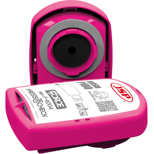 From PIP - Protective Industrial Products, the PIP JSP P100 Particulate Filter 272-RPRF4004 features a sleek rectangular design in pink. Designed specifically for use with P100 particulate filters, one section is open to display the internal mechanism. The label provides product details, including a QR code and instructions, making it ideal for customizing your respirators. Each box contains 10 pairs.