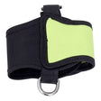 A black and neon green ankle strap made from high-quality nylon, designed for workout exercises such as cable machine leg lifts. This strap includes a metal D-ring and features an adjustable hook and loop closure for customizable sizing.