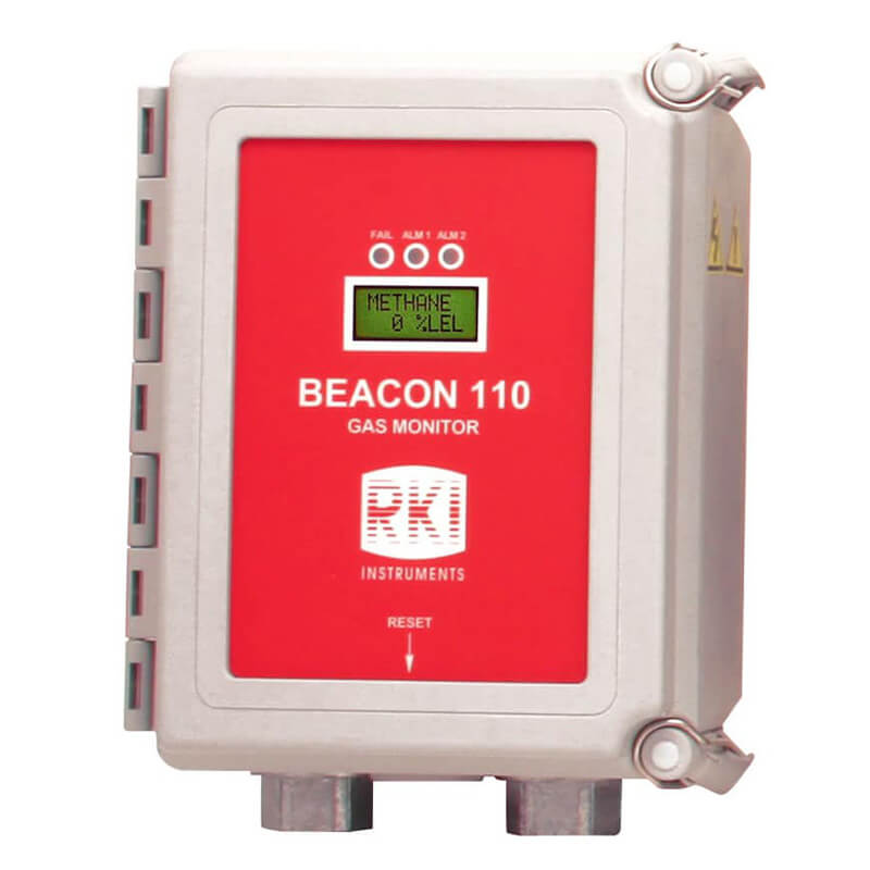The RKI Beacon 110 Single Channel Wall Mount Fixed Systems Controller by PK Safety Supply is a sleek gas detection device, featuring a red panel with a digital display and control buttons, all encased in a durable gray protective casing.