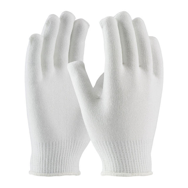 A pair of PIP White 13 Gauge Seamless Knit Thermax Gloves 41-001W, showcased upright and front-facing, crafted by Protective Industrial Products. These gloves feature a soft and flexible material with moisture-wicking properties, making them ideal for multiple applications.