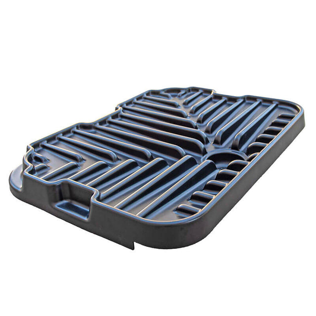 The UltraTech IBC Funnel 0648 by UltraTech International is a rectangular black plastic tray constructed from chemical-resistant materials. It features raised ridges and compartments, ideal for organizing or packaging items, while the glossy surface and slightly curved edges provide both durability and a stylish appearance.