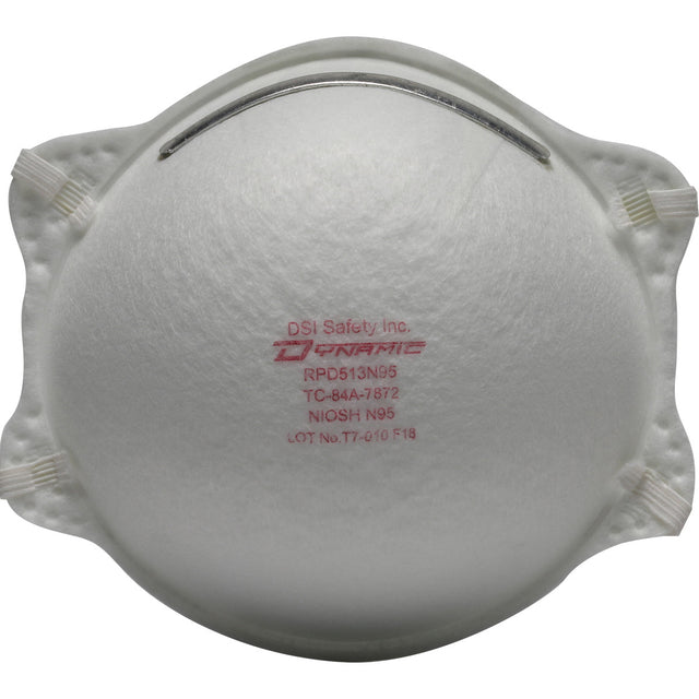 A PIP Dynamic Standard N95 Disposable Respirator 270-RPD513N95 featuring a white exterior with a metal nose strip and red text on the front displaying the brand name 'PIP - Protective Industrial Products' and NIOSH certification information.