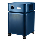The Austin Air Systems Bedroom Machine B402 is a blue air purifier with a perforated metal body, top vents, control knob, and four wheels. It features a medical-grade HEPA filter for effective air purification.