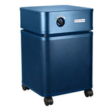 The Austin Air Systems Bedroom Machine B402 is a blue, box-shaped air purifier with front control knob, perforated sides, four black caster wheels, and a medical-grade HEPA filter for superior air purification.