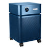 The Austin Air Systems Bedroom Machine B402 is a blue, box-shaped air purifier with front control knob, perforated sides, four black caster wheels, and a medical-grade HEPA filter for superior air purification.