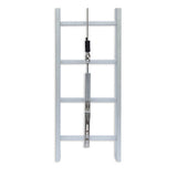 A metal cable tension meter is attached to a Frontline Ladder Cable Vertical Lifeline System VLCS by Frontline Fall Protection on a four-step silver ladder, demonstrating fixed ladder safety against a plain white background.