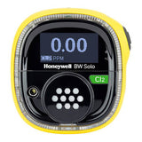 The BW Technologies by Honeywell BW Solo Wireless Gas Detector Cl2 BWS1-C-Y, with its vibrant yellow design, displays a 0.00 PPM reading for Cl2. It features a central button, an "Cl2" indicator, and is compatible with Intellidox for seamless calibration and data management.