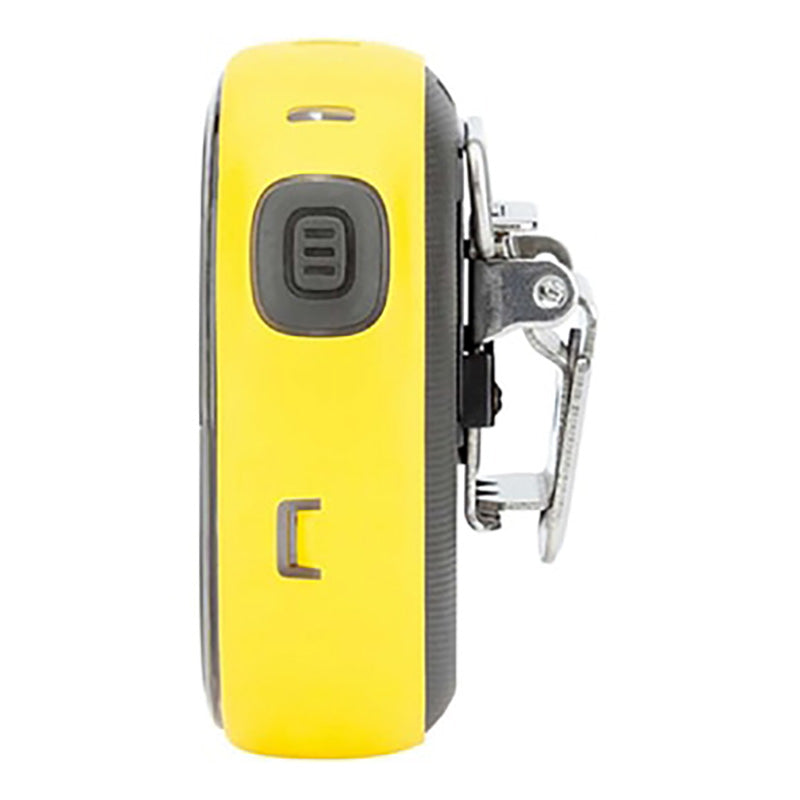 Side view of a Honeywell BW Solo Wireless Gas Detector  in yellow and black by BW Technologies, featuring a metallic clip for easy Chlorine gas monitoring. It has one rectangular button and one circular button near the top.