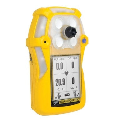 The BW Honeywell Quattro Monitor, equipped with an LCD Protector from the BW Quattro 5 Auxiliary Filter (QT-AF-K1), clearly displays readings for H2S, CO, O2, and LEL. The screen indicates H2S and CO levels at 0.0, an O2 level of 20.9, and an LEL reading of 0. The device features control buttons and a robust digital display for efficient monitoring.