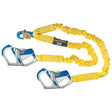 The 3M DBI-SALA ShockWave 2 Shock Absorbing Lanyard (model 1246416) from the brand 3M DBI-SALA Fall Protection includes two large metal carabiners and a smaller clip, featuring bright yellow shock-absorbing fabric. It is expertly designed to provide fall protection in industrial safety applications.