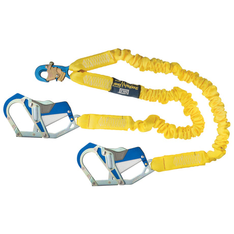 The 3M DBI-SALA ShockWave 2 Shock Absorbing Lanyard (model 1246416) from the brand 3M DBI-SALA Fall Protection includes two large metal carabiners and a smaller clip, featuring bright yellow shock-absorbing fabric. It is expertly designed to provide fall protection in industrial safety applications.