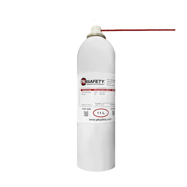 A PK Safety CO Bump Alarm Test Gas 11 Liter cylinder, featuring a white cylindrical design with a red nozzle and label from PK Safety. It is perfect for bump testing Carbon Monoxide gas monitors, detailing specific concentrations for the CO Bump Alarm Test Gas, and includes markings such as its 11L capacity and safety information.