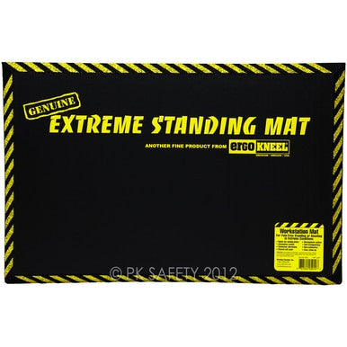 Black anti-fatigue standing mat with yellow hazard stripes around the edges. The text reads "Genuine Working Concepts ErgoKneel Extreme Standing Mat" and mentions its 14 x 21-inch size. Crafted from closed cell foam, a small label in the corner provides product details.