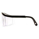 Side view of Pyramex Safety's Integra Safety Glasses, featuring adjustable temples. These black safety glasses come with clear polycarbonate lenses and side shields. The earpiece includes a small hole at the tip, designed to enhance functionality for reliable eye protection. (Packaged as 12 per box.)