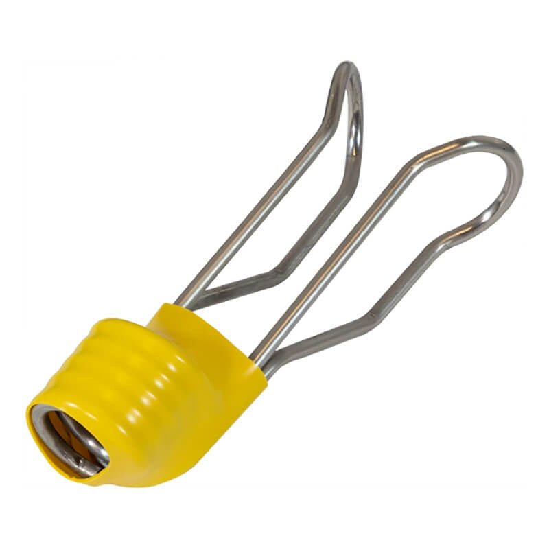 The French Creek Rescue Clip 354-CLIP by French Creek Production is equipped with a robust coiled heating element and metallic loops that resemble durable carabiners. This yellow immersion water heater is crafted for safe and rapid water heating when submerged.