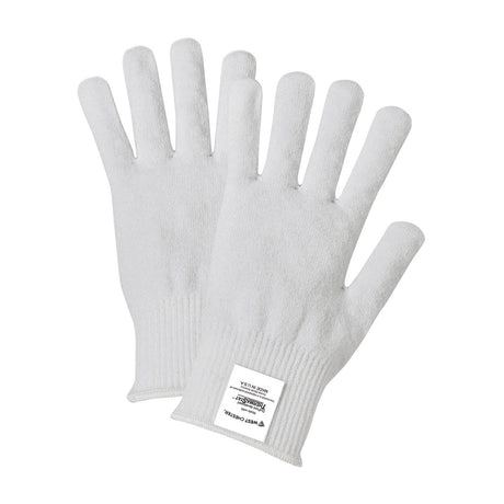 A pair of white PIP Seamless Knit Thermastat 13G gloves, featuring ribbed cuffs for a secure fit. A label on one glove provides safety certification and product details from PIP - Protective Industrial Products. These cold weather gloves are displayed flat on a clean, white background.