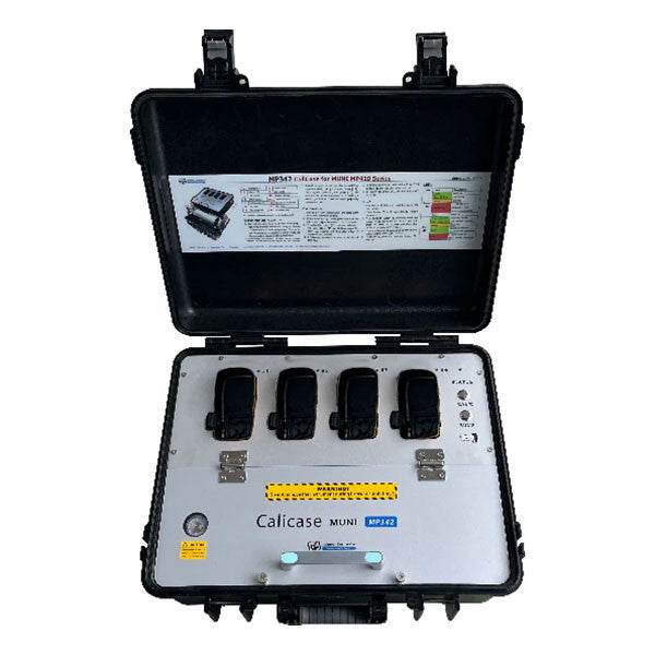 The mPower Electronics mPower CaliCase 4-bay MUNI MP342 Bump/Cal Docking Station M003-0004-000 is a black case designed to hold electronic equipment for gas detection. It features three dedicated slots and various buttons, with an informational label on the lid displaying text and a color-coded scale. This docking station ensures accurate performance and has sturdy latches for secure closure.