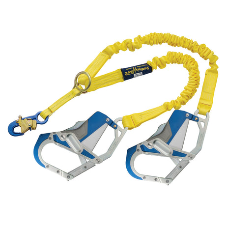 The image features a DBI-SALA ShockWave 2 Rescue Shock Absorbing Lanyard 1246418 by 3M DBI-SALA Fall Protection. This yellow double-leg lanyard is equipped with blue metal hooks and a carabiner. Specifically designed for use with safety harnesses in fall protection scenarios, it provides 100% tie-off through its robust connectors and dependable shock absorbers for a secure connection.