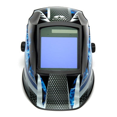 The Pyramex Safety LEADHEAD Auto Darkening Helmet - Fire Metal WHAM3030FM showcases a futuristic design with striking blue electric patterns and a honeycomb texture set against a black background. This impact-resistant helmet is equipped with a large viewing screen at the front to ensure optimal visibility.