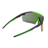 Introducing the Pyramex Safety PMXSPEC Green Mirror Safety Glasses SBL11257ST, designed with a green and black frame and featuring reflective lenses for a sleek appearance. These safety glasses offer a customizable fit, complete with angled nose pads to ensure comfort.