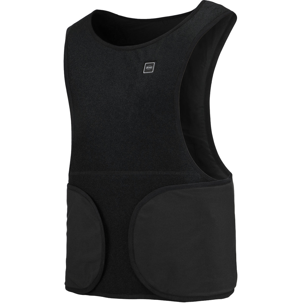 The PIP Boss Therm Heated Baselayer Vest 300-HV100 by Protective Industrial Products is a black, fabric-made sleeveless vest that showcases a minimalist style. It features two large front pockets and flexible heating panels to ensure optimal warmth. Additionally, it includes a rounded neckline, temperature control functionality, and a small square logo near the top center.