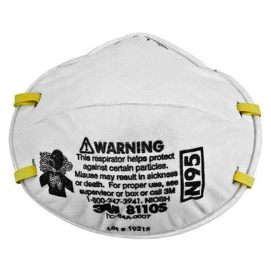 The 3M 8110S N95 Particulate Respirator, designed for smaller faces and identifiable by its yellow straps and warning text about correct usage, offers protection against specific particles. This NIOSH-approved respirator prominently displays the model number 8110S on the front.