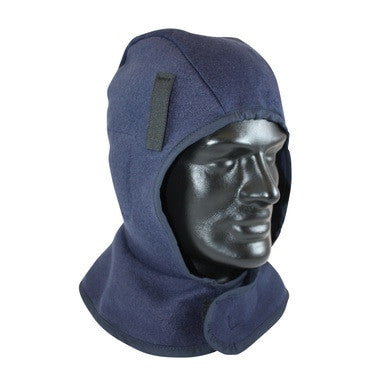 A black mannequin head displays the PIP 1-Layer Fleece Liner with Shell 364-SL1FB by Protective Industrial Products. This dark blue balaclava, designed for cold weather work, features a face opening and neck coverage. Its soft fabric includes a small Velcro patch on the side and an additional reflective strip for improved visibility.