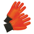 A pair of PIP PVC Dipped Gloves with a jersey liner and smooth finish in bright orange, featuring black elastic cuffs for enhanced protection and grip.