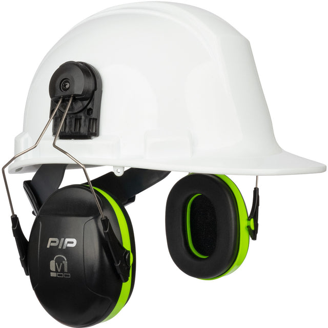 A white safety helmet featuring the PIP V1 Cap Mounted Ear Muff 263-V1CM, complete with green and black ear muffs, provides hearing protection. This essential piece of safety equipment from PIP - Protective Industrial Products is designed for construction or industrial use.