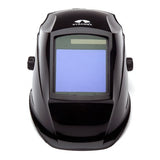 The LEADHEAD Auto Darkening Helmet WHAM3030GB by Pyramex Safety is a black welding helmet made from high-impact resistant nylon. It boasts a large rectangular viewing window and a sleek design, featuring auto-darkening capabilities and adjustment knobs on both sides to provide optimal welding protection.