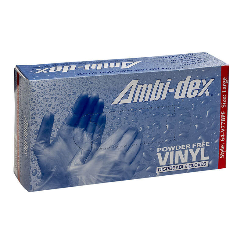 Box of PIP Ambi-dex Industrial Disposable Vinyl Powder Free Gloves 64-V77BPF, size large. The packaging features hands wearing the gloves with water droplets illustrating their compliance with FDA food handling standards, highlighting their suitability for such tasks.