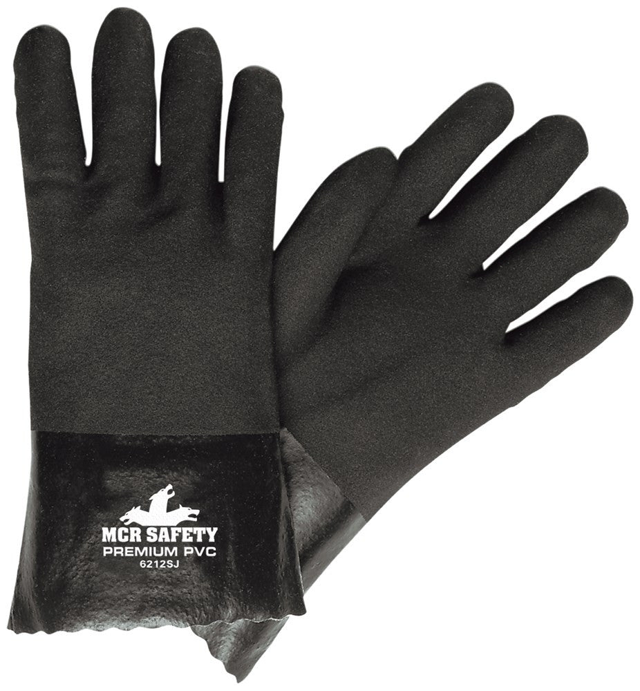 The MCR Premium PVC Coated Double Dipped Work Gloves 6212SJ, by MCR Safety, are showcased in black with an emphasis on superior abrasion resistance. These gloves feature a textured surface on the palm and fingers, while the glossy finish on the cuffs adds to their sleek design. An iconic logo featuring a protective figure enhances both style and safety assurance on the wrist cuff.