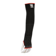 A mannequin arm displays the MCR Safety Cut Pro 13 Gauge 18" Steelcore Sleeve, showcasing its black protective design with small white dots and vibrant red trim at the ends. Constructed from Steelcore fabric, this sleeve provides ANSI A4 cut resistance. The Cut Pro label prominently displayed on the upper arm highlights its superior level of protection.