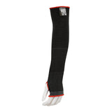 A mannequin arm displays the MCR Safety Cut Pro 13 Gauge 18" Steelcore Sleeve, showcasing its black protective design with small white dots and vibrant red trim at the ends. Constructed from Steelcore fabric, this sleeve provides ANSI A4 cut resistance. The Cut Pro label prominently displayed on the upper arm highlights its superior level of protection.
