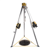 The MSA Workman CSE Kit, featuring a tripod with yellow accents, includes a Rescue and Winch setup. A round platform is suspended by ropes from the metallic structure, forming part of this MSA kit designed for safely lifting or lowering objects in confined spaces.