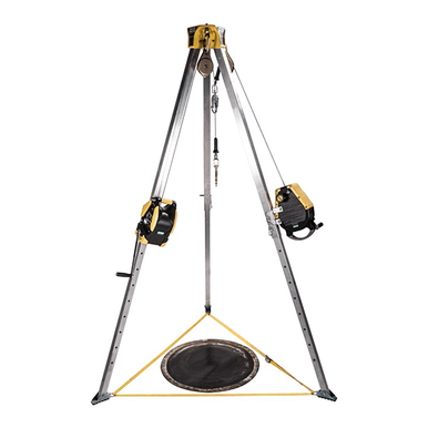 The MSA Workman CSE Kit, featuring a tripod with yellow accents, includes a Rescue and Winch setup. A round platform is suspended by ropes from the metallic structure, forming part of this MSA kit designed for safely lifting or lowering objects in confined spaces.