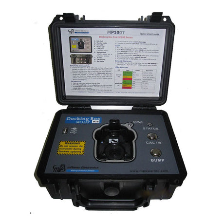 An open black case labeled "mPower UNI Single Docking Box (MP100T) M001-0089-000" by mPower Electronics serves as a comprehensive tool for gas detection calibration, featuring various buttons and status indicators. A printed guide is attached to the lid, offering detailed instructions and essential information.