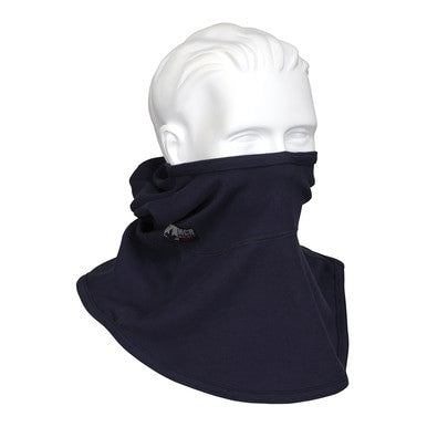 A mannequin head is adorned with the MCR Safety FR Westex True Comfort Balaclava in navy, which covers the neck and lower face, embodying protective headwear. The sleek design includes a small MCR Safety logo on one side, highlighting its function as essential safety equipment.