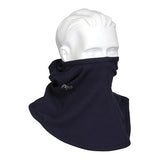 A mannequin head is adorned with the MCR Safety FR Westex True Comfort Balaclava in navy, which covers the neck and lower face, embodying protective headwear. The sleek design includes a small MCR Safety logo on one side, highlighting its function as essential safety equipment.